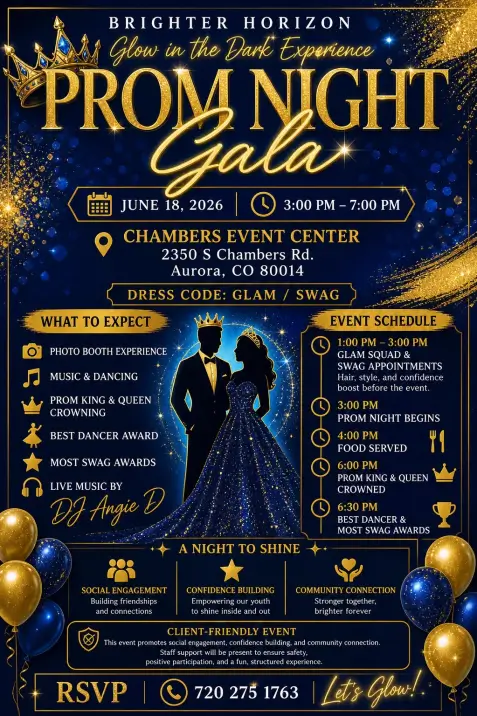 Glow in the Dark Prom Night Gala flyer: June 18, 2026, 3 to 7 PM, Chambers Event Center, Aurora, CO